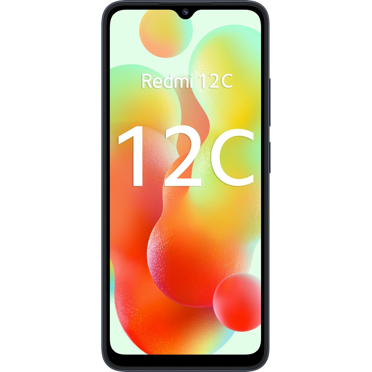 Een Redmi 12C-smartphone met een kleurrijke gradiëntachtergrond en de modelnaam van de telefoon.