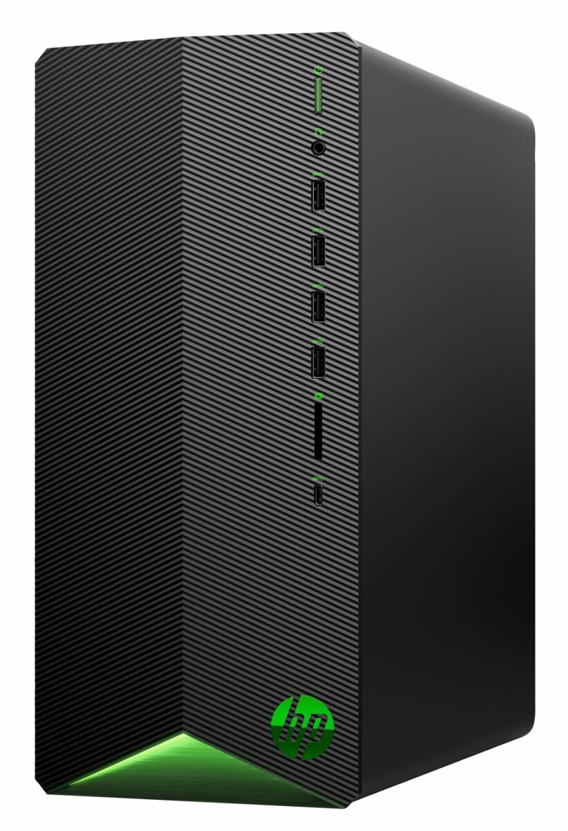 Czarna obudowa PC z zielonymi akcentami i logo HP. Panel przedni z portami i przyciskiem zasilania.