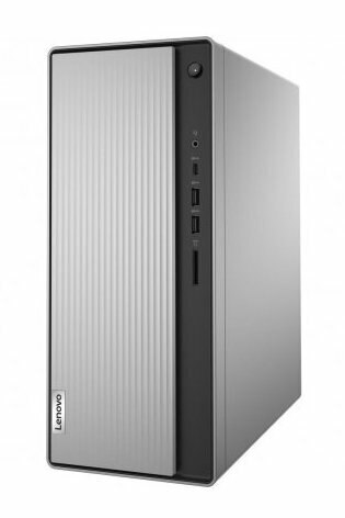 Szara obudowa komputera stacjonarnego z logo Lenovo. Obudowa ma pionową konstrukcję z portami i przyciskiem zasilania.