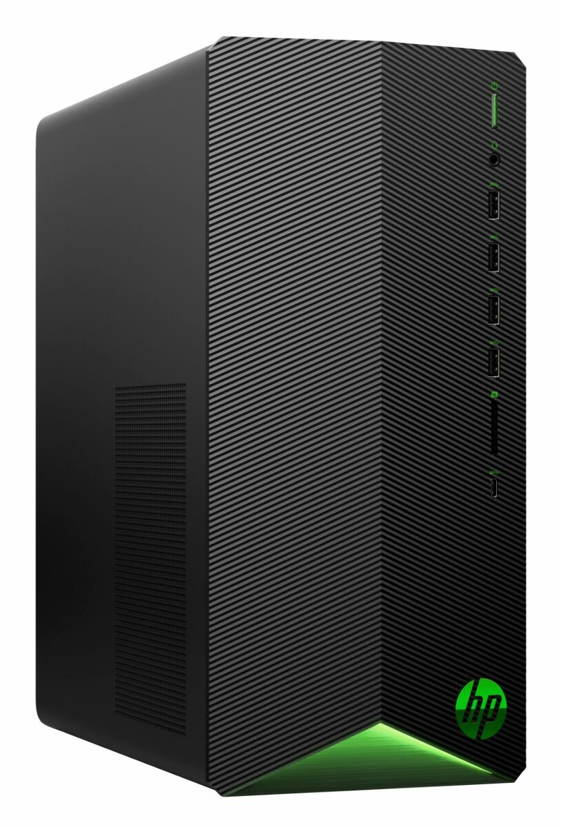 Czarny komputer stacjonarny do gier HP Pavilion z zielonymi akcentami. Ma teksturowany panel przedni i logo HP.