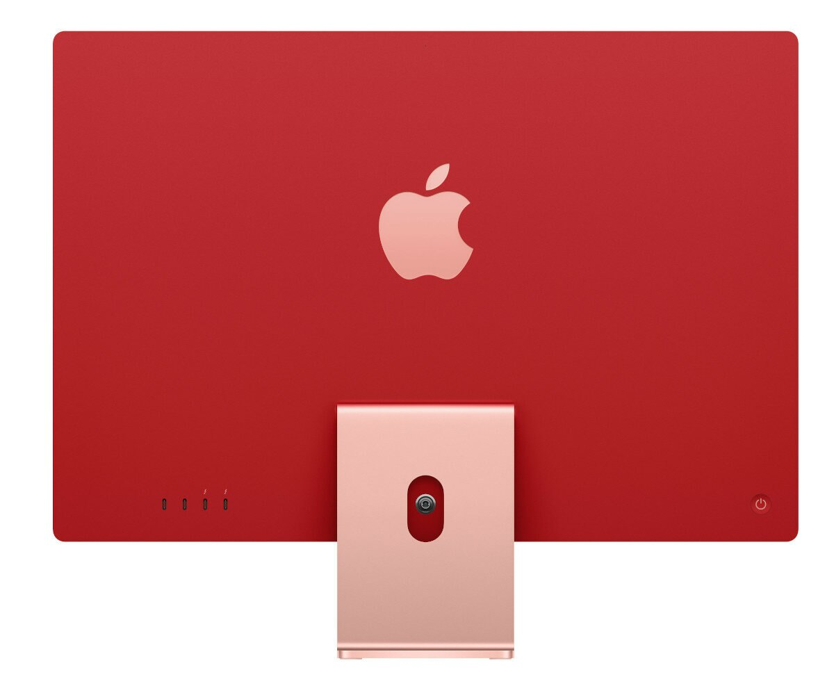 Tył czerwonego iMaca z logo Apple, portami i przyciskiem zasilania.