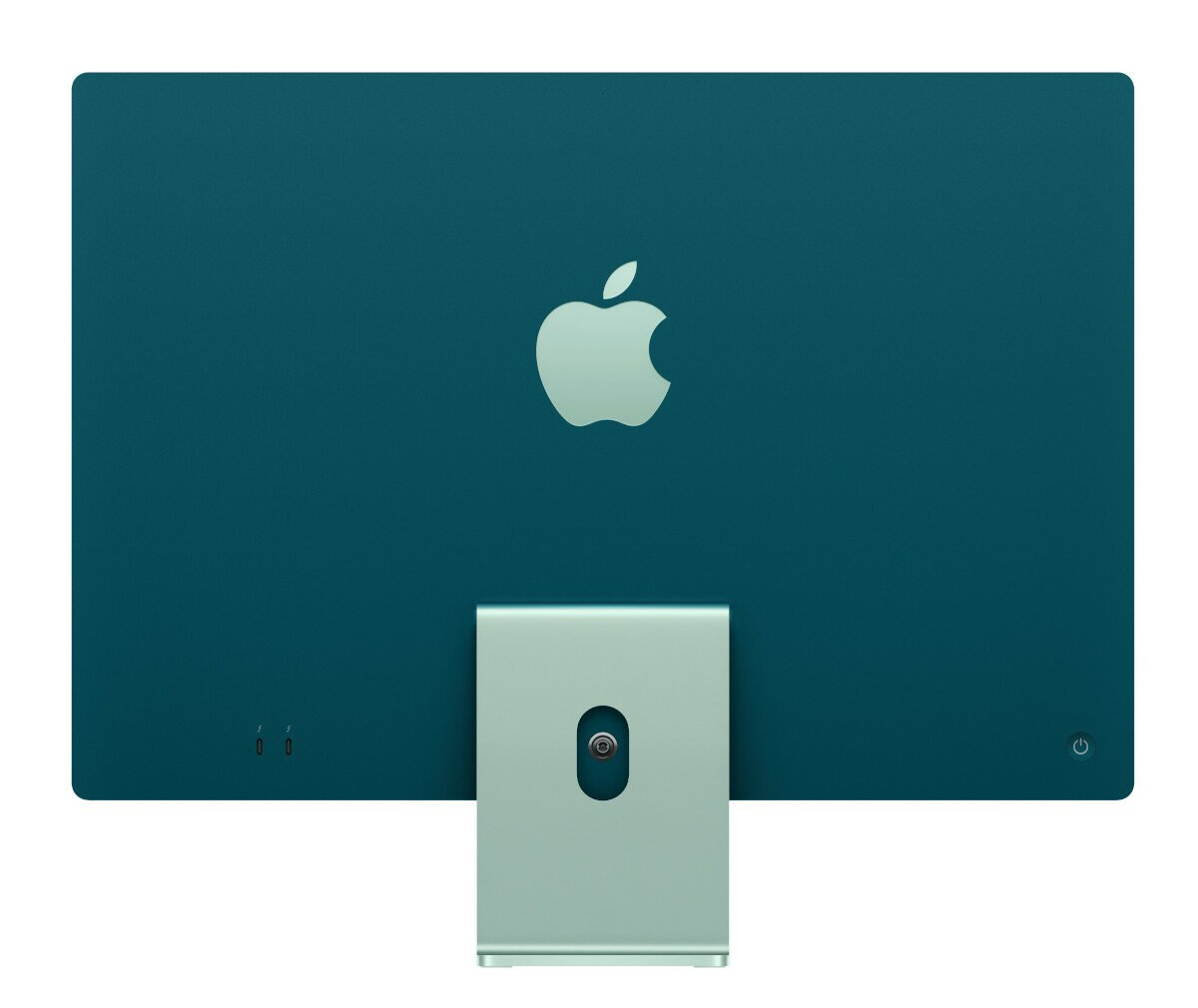 Tył turkusowego komputera iMac. Białe logo Apple jest wyśrodkowane, z portami i podstawą poniżej.