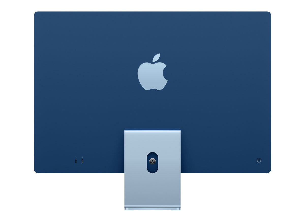 Widok z tyłu niebieskiego komputera iMac ze srebrnym logo Apple i srebrną podstawą.