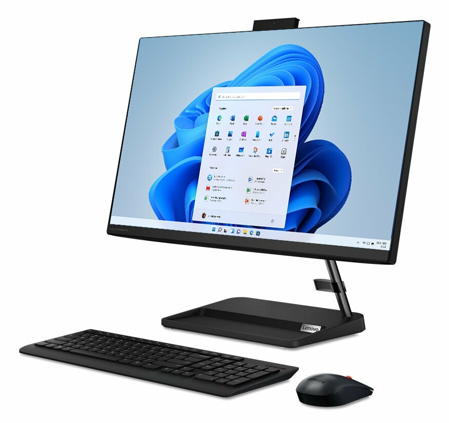 Komputer All-in-one z monitorem, klawiaturą i myszką. Wyświetla interfejs Windows. Czarne i szare kolory.