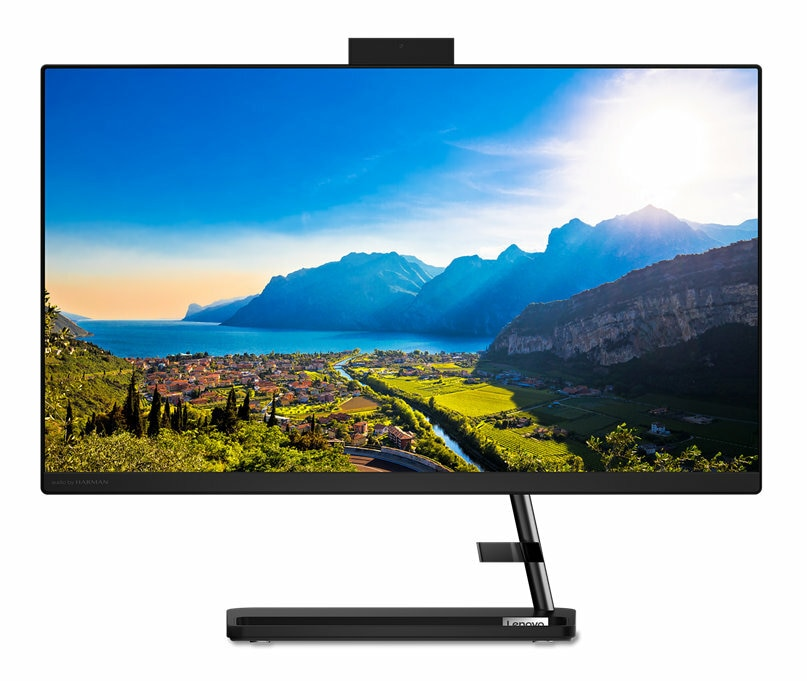 Komputer Lenovo all-in-one z kamerą internetową, na tle malowniczego krajobrazu.
