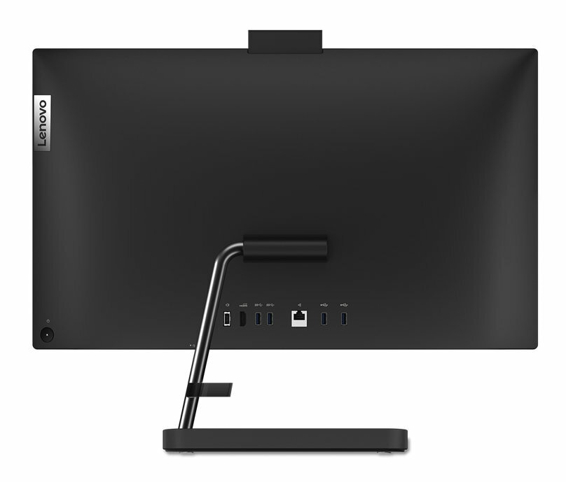 Tył czarnego komputera Lenovo all-in-one z portami i podstawką.
