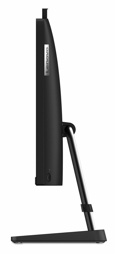 Czarny monitor komputerowy Lenovo, widok z boku, ze stojakiem, elegancki design, białe tło.