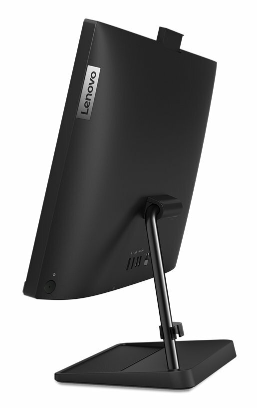 Czarny komputer All-in-one firmy Lenovo, widok pod kątem.