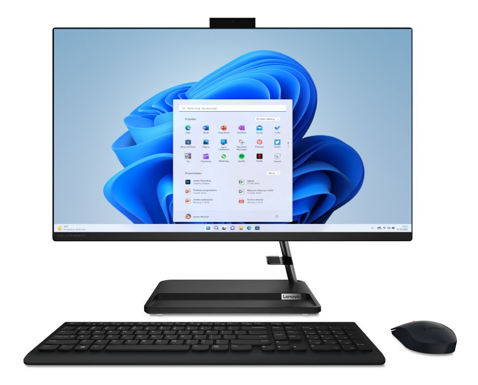 Komputer Lenovo all-in-one z monitorem, klawiaturą, myszą i interfejsem Windows 11.