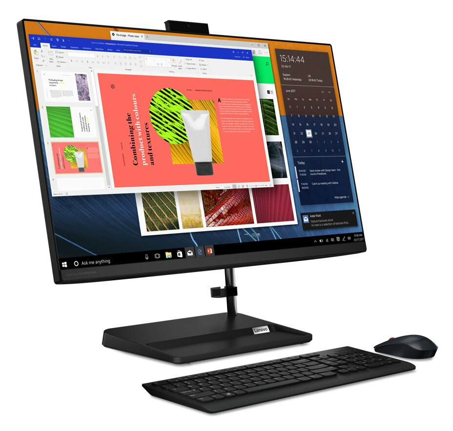 Czarny komputer stacjonarny typu all-in-one wyświetlający kolorowy dokument i kalendarz.