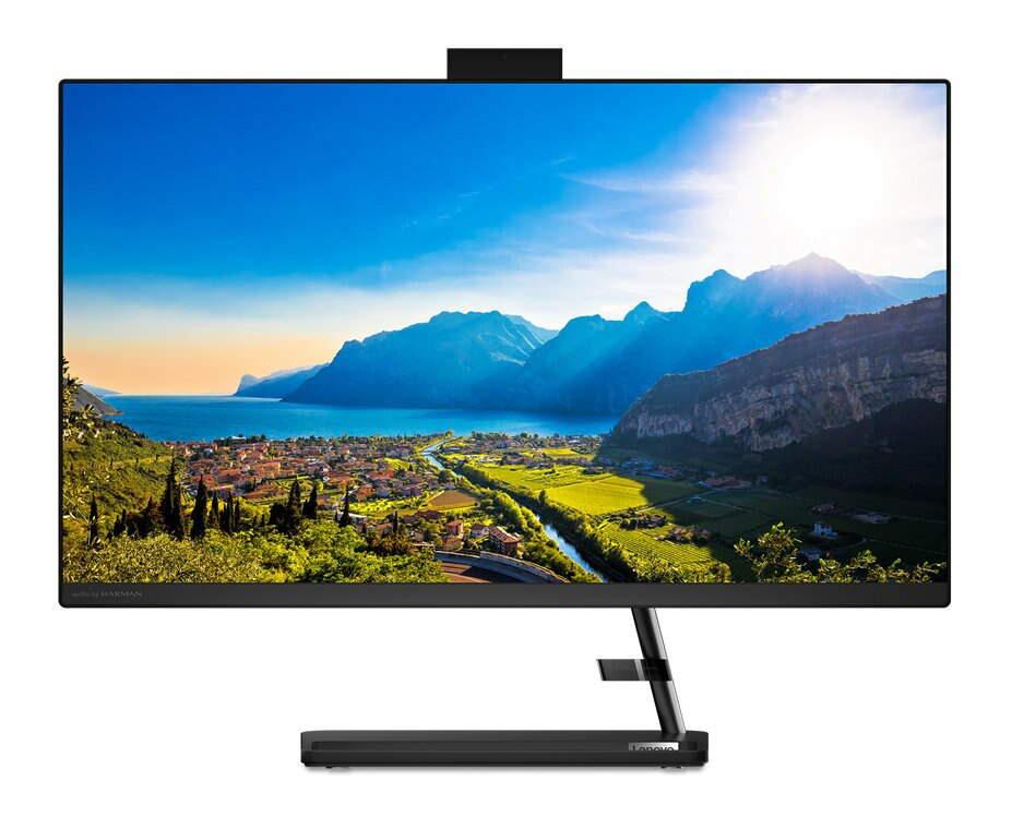 Monitor komputera z malowniczym tłem. Ma czarną podstawę i logo Lenovo.