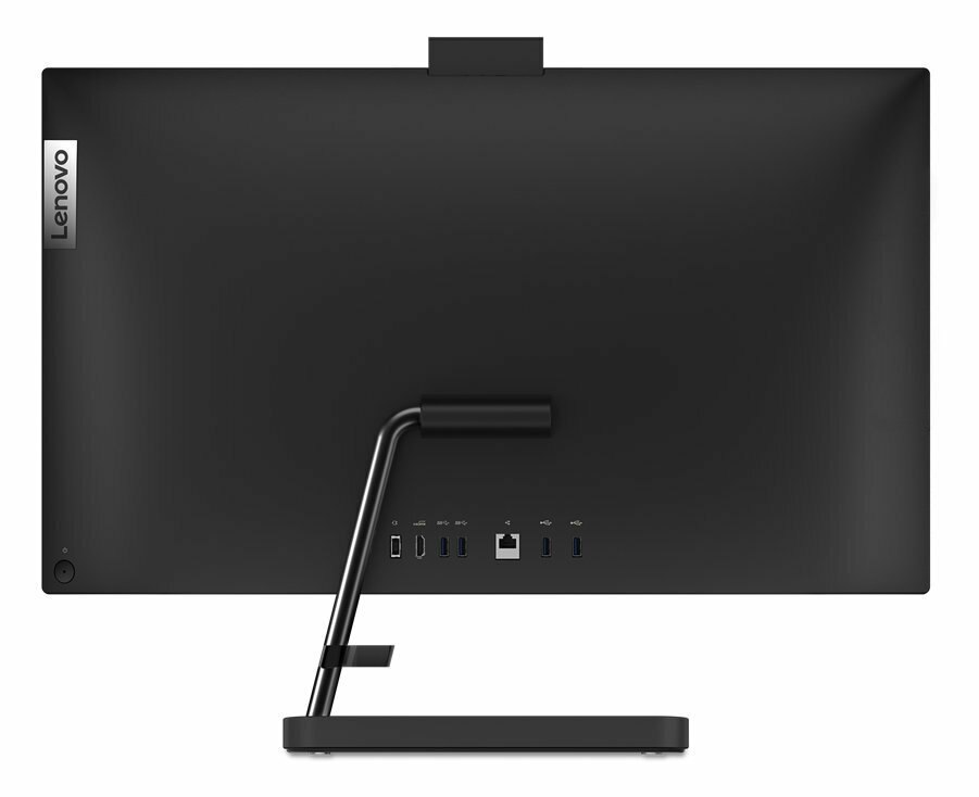 Tył czarnego komputera Lenovo all-in-one. Widoczny srebrny stojak i porty. Białe tło.