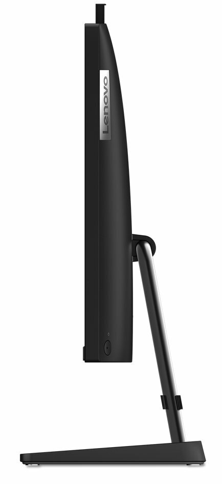 Monitor Lenovo jest wyświetlany z boku, pokazując jego smukły profil i podstawę. Tło jest białe.