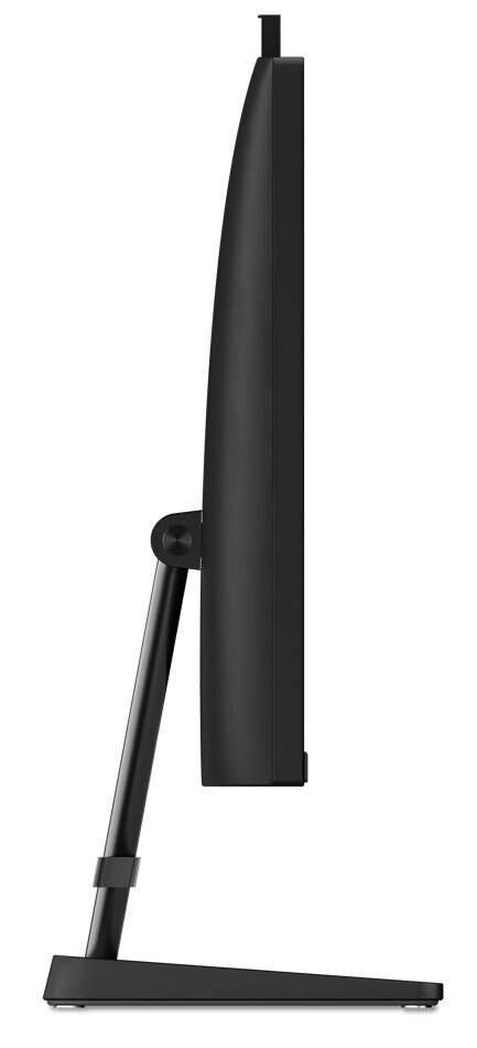 Czarny monitor komputera, widok z boku. Smukła konstrukcja ze stojakiem. Białe tło.