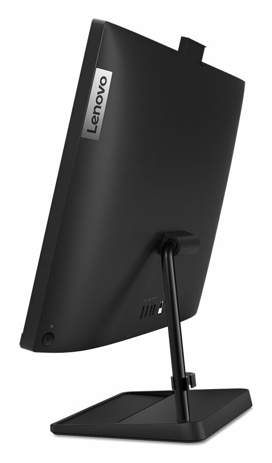 Czarny komputer Lenovo all-in-one, widok z boku, ze stojakiem i logo Lenovo.