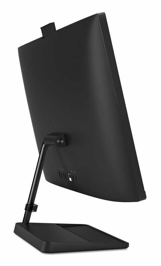 Widok z tyłu czarnego monitora komputera i podstawy. Podstawa jest czarna, a ekran jest pochylony.