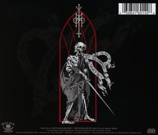 Albumcover mit Skelettfigur im Kirchenfenster, trägt Schwert, dunkler Hintergrund.