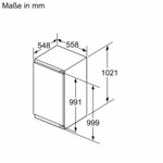 Kühlschrank-Abmessungsdiagramm, zeigt Höhe, Breite und Tiefe.