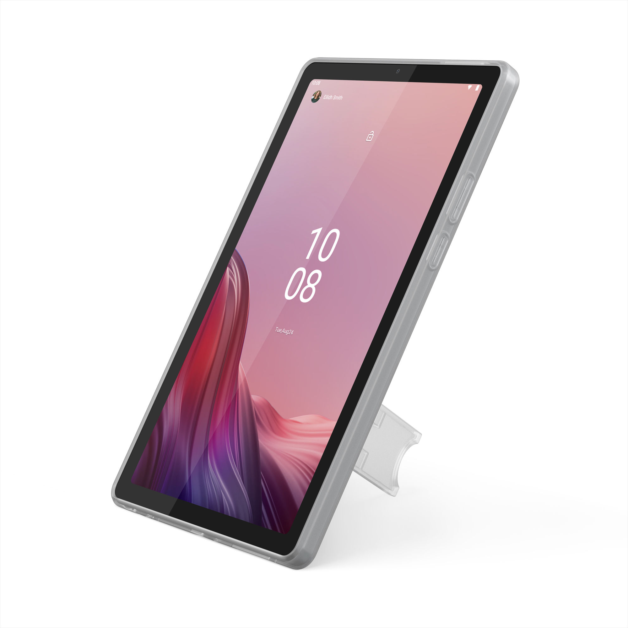 Gri kılıf içinde tablet, zaman ve tarihi gösteren ekranla eğik.