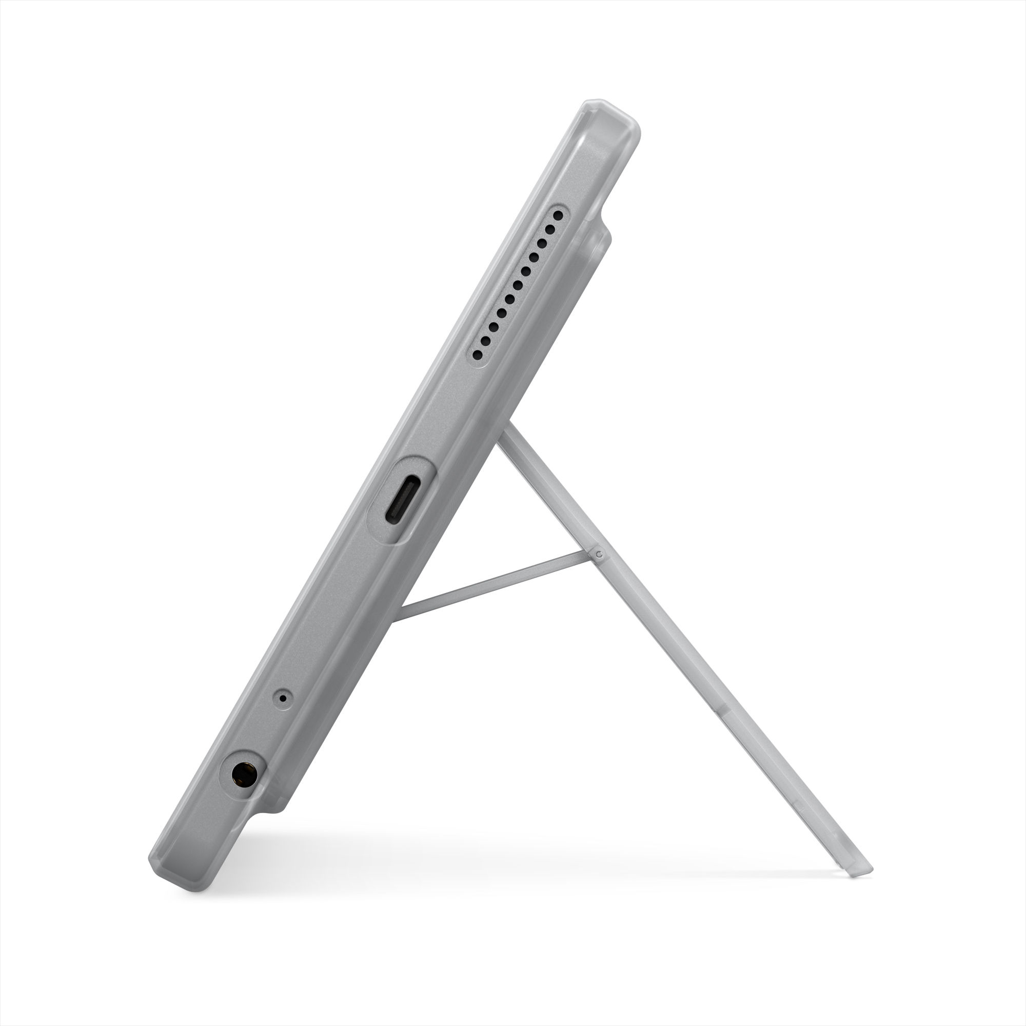 Gümüş renkli stant üzerinde gri tablet, yan görünüm. Beyaz zemin.