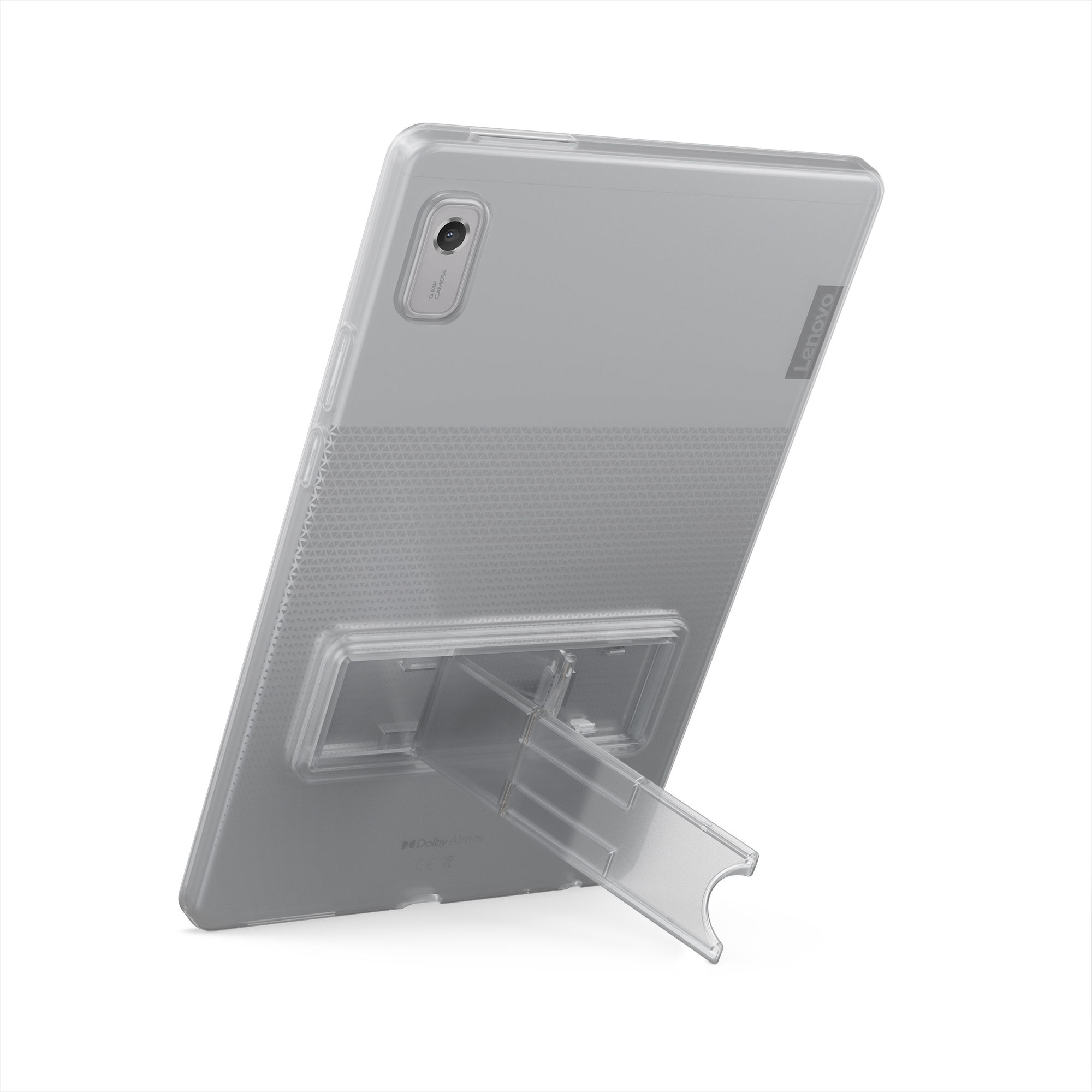 Standlı şeffaf Lenovo tablet. Arkada kamera ve Lenovo markası görünüyor.