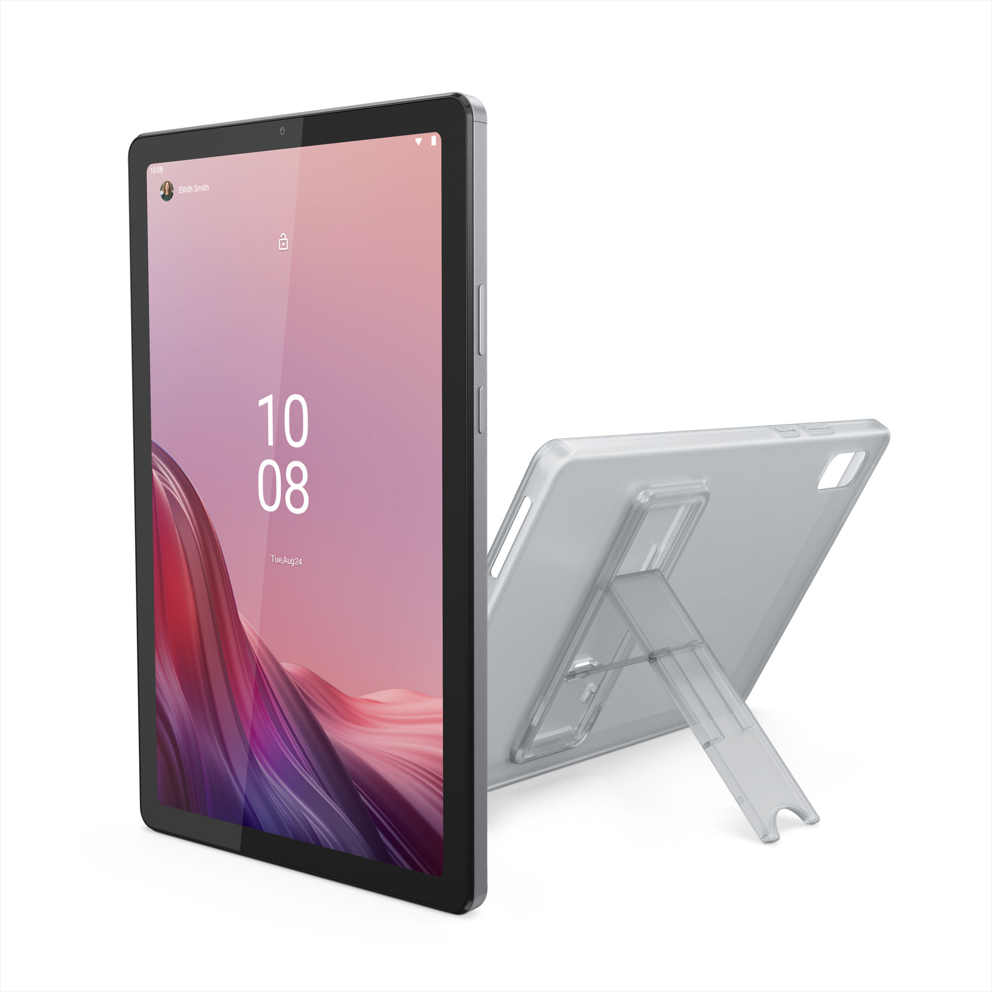 Zaman ve tarihi gösteren kilit ekranı görüntüleyen, destek standlı gümüş bir tablet.