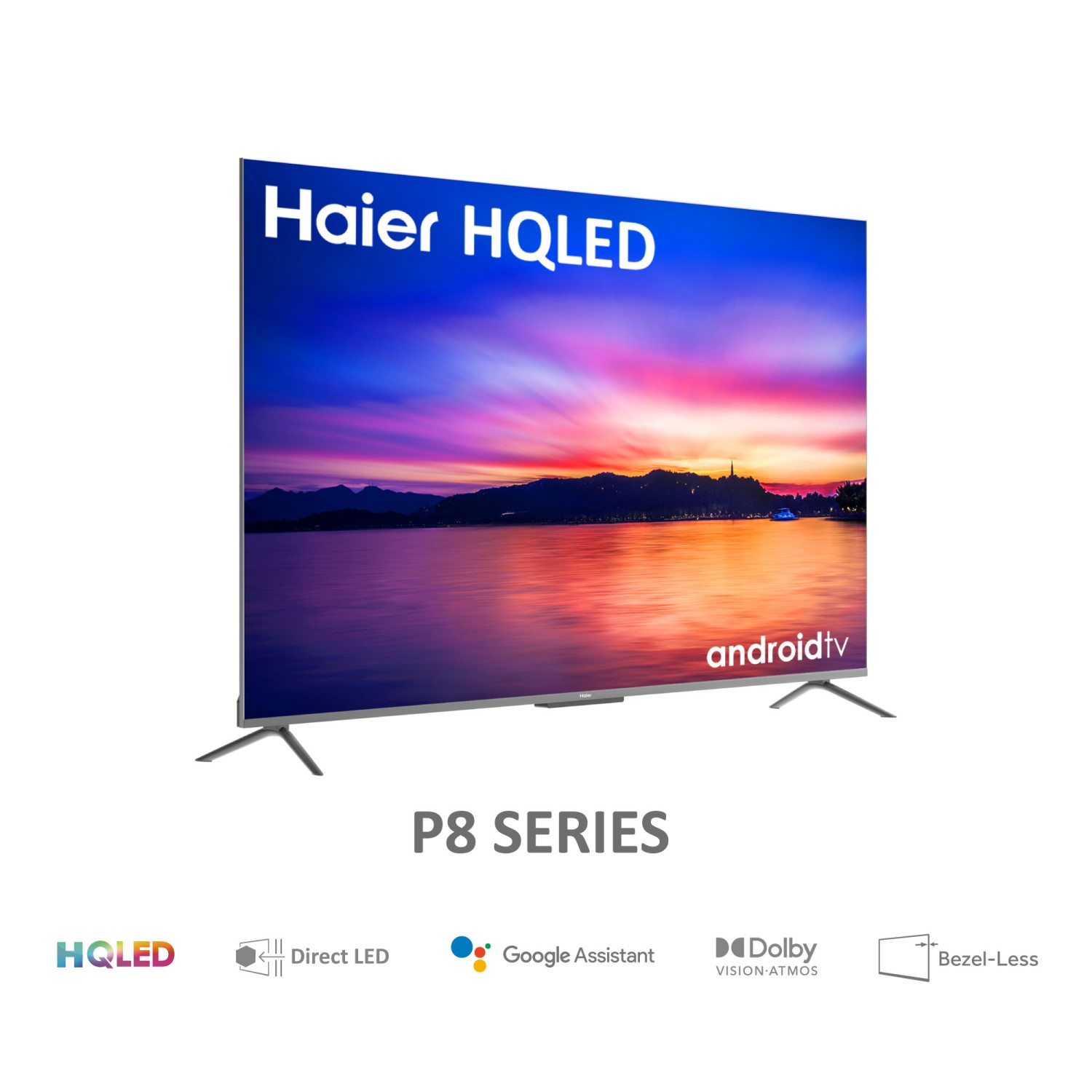 Televisor Haier HQLed sobre fondo blanco, con paisaje en pantalla. Se ven P8 Series y Android TV.