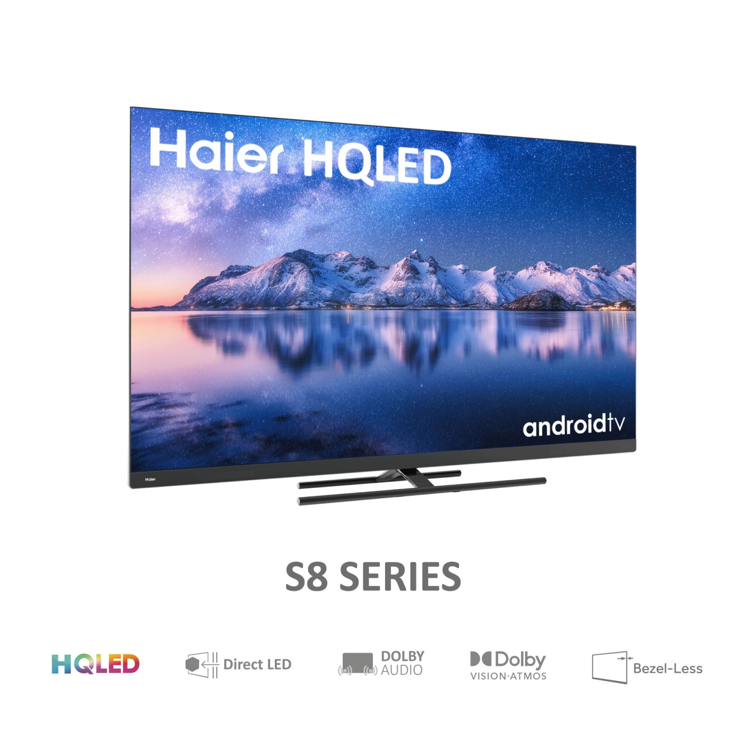 Televisor Haier HQLED con pantalla de cielo estrellado, con texto 'S8 SERIES' debajo.