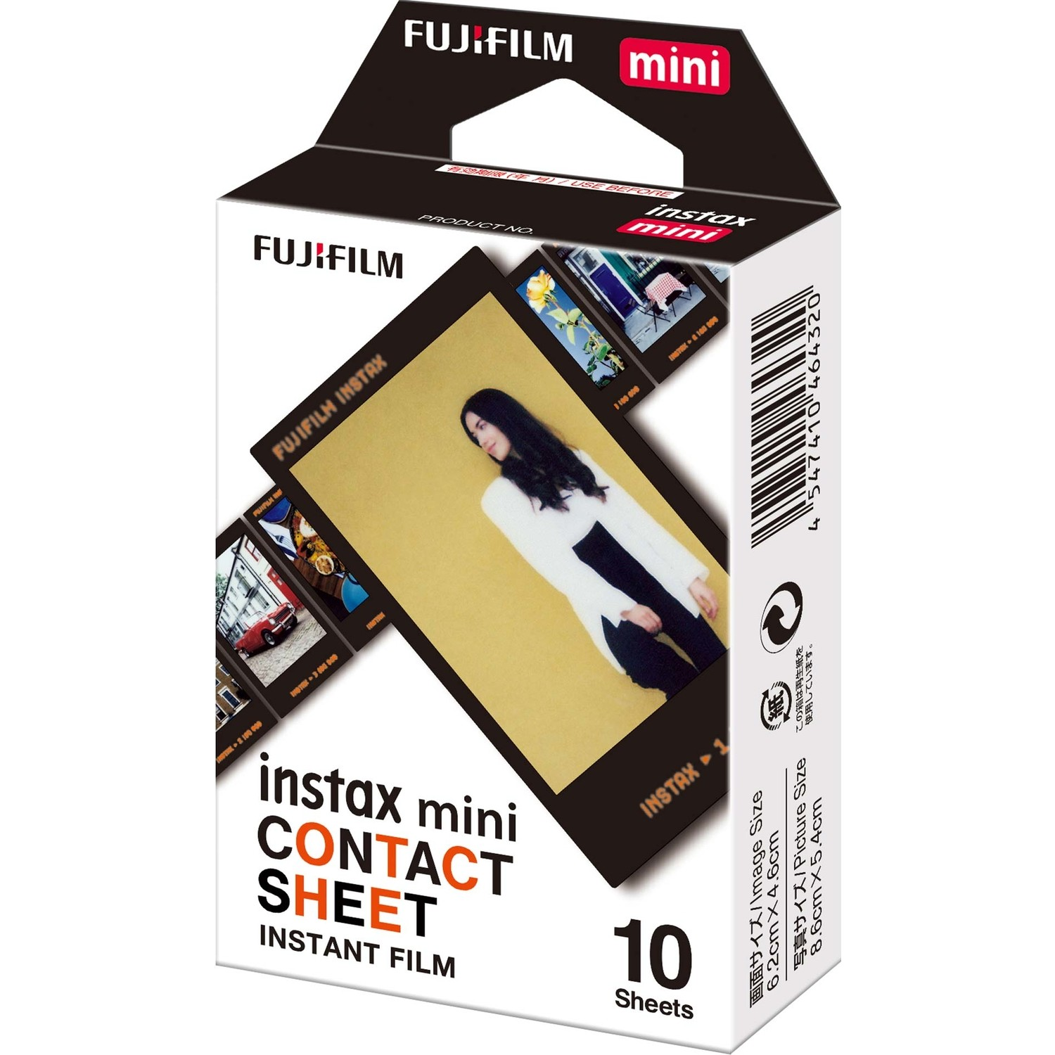 Ön yüzünde bir kadın fotoğrafı olan Fujifilm Instax Mini film kutusu. Kutu beyaz ve siyahtır.