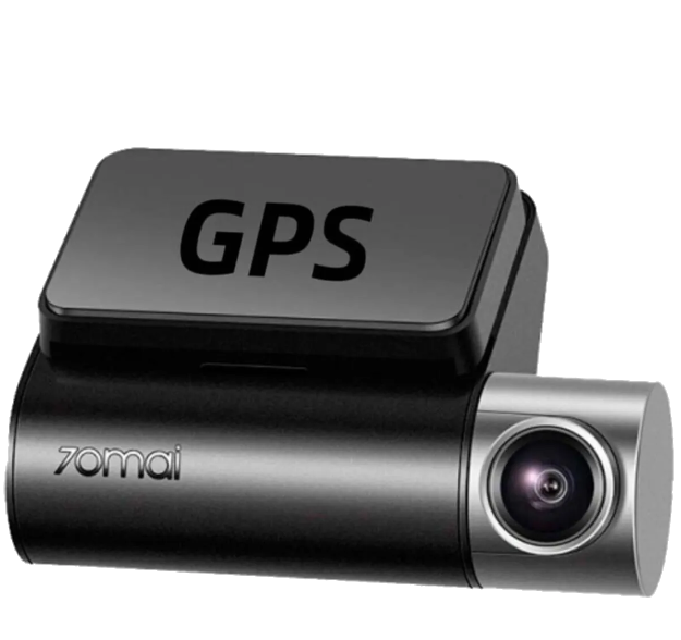GPS etiketli siyah araç kamerası. Gümüş lens. Siyah arka plan.