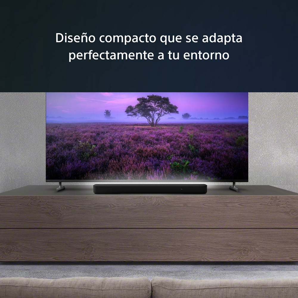 TV mostrando un paisaje con barra de sonido. El texto 'Diseño compacto' está encima del TV.