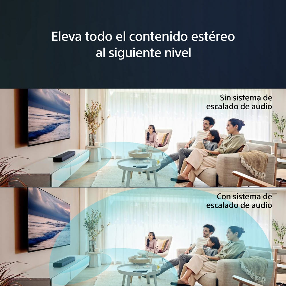Escena de sala de estar con familia viendo la televisión. Texto promociona mejora de audio.