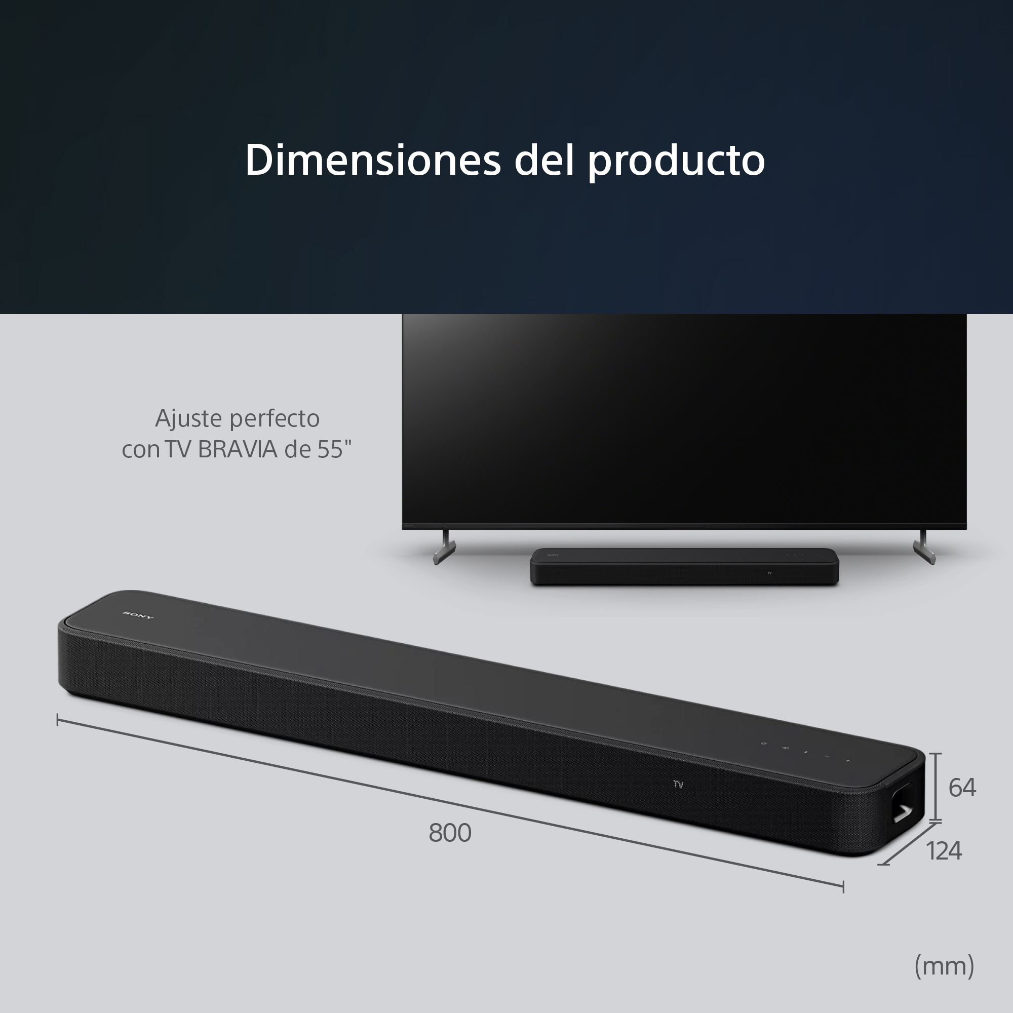 Barra de sonido negra con TV, dimensiones en mm, texto en español, fondo blanco.