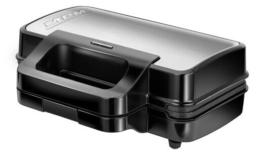 Czarno-srebrna gofrownica, widok z góry, z uchwytem i zamknięta.