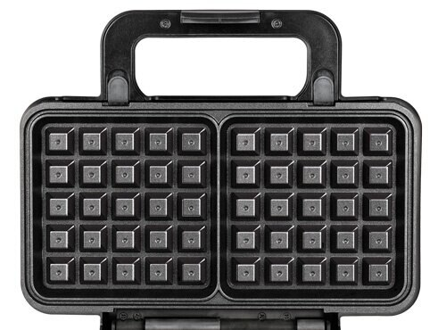 Pokazano gofrownicę. Ma kwadratowy wzór. Kolor jest czarny.