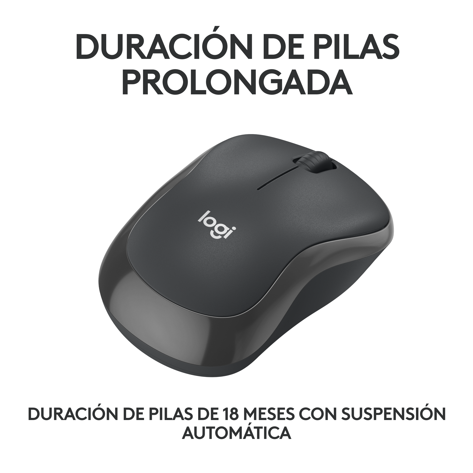 Ratón de ordenador negro con texto sobre 18 meses de batería.