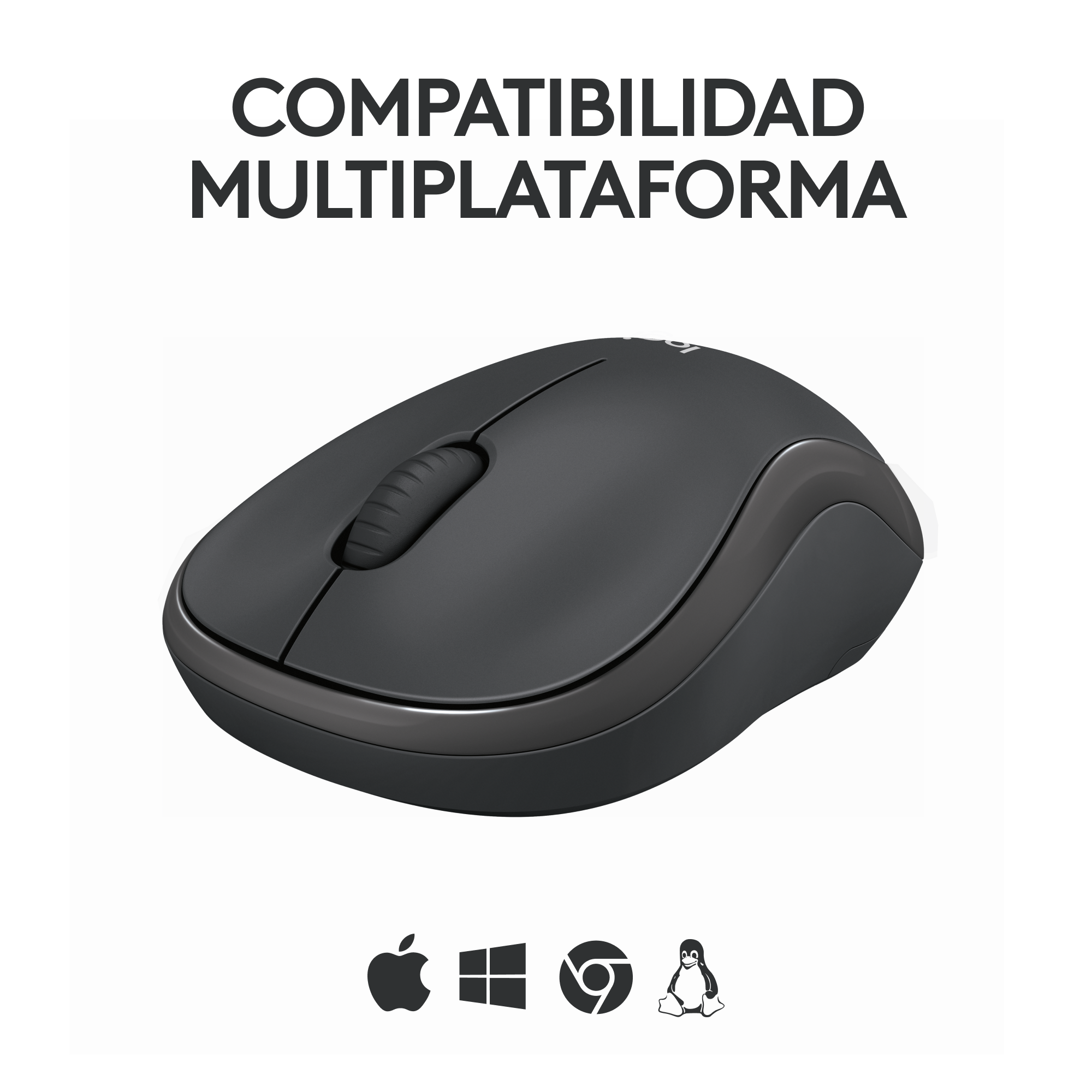 Ratón inalámbrico negro con iconos para Apple, Windows, Chrome y Linux.