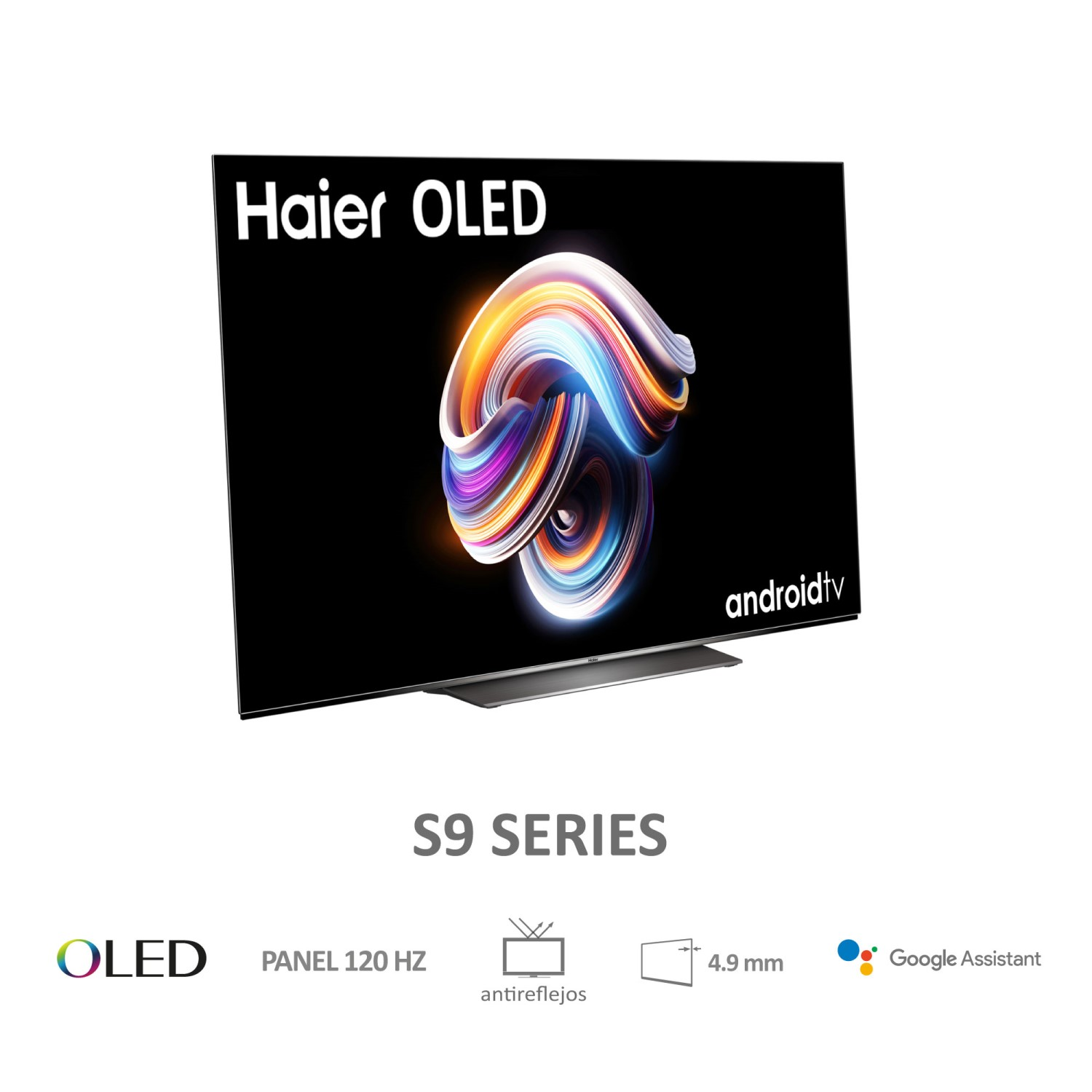 TV Haier OLED, pantalla negra, texto blanco y remolino colorido. Soporte abajo.