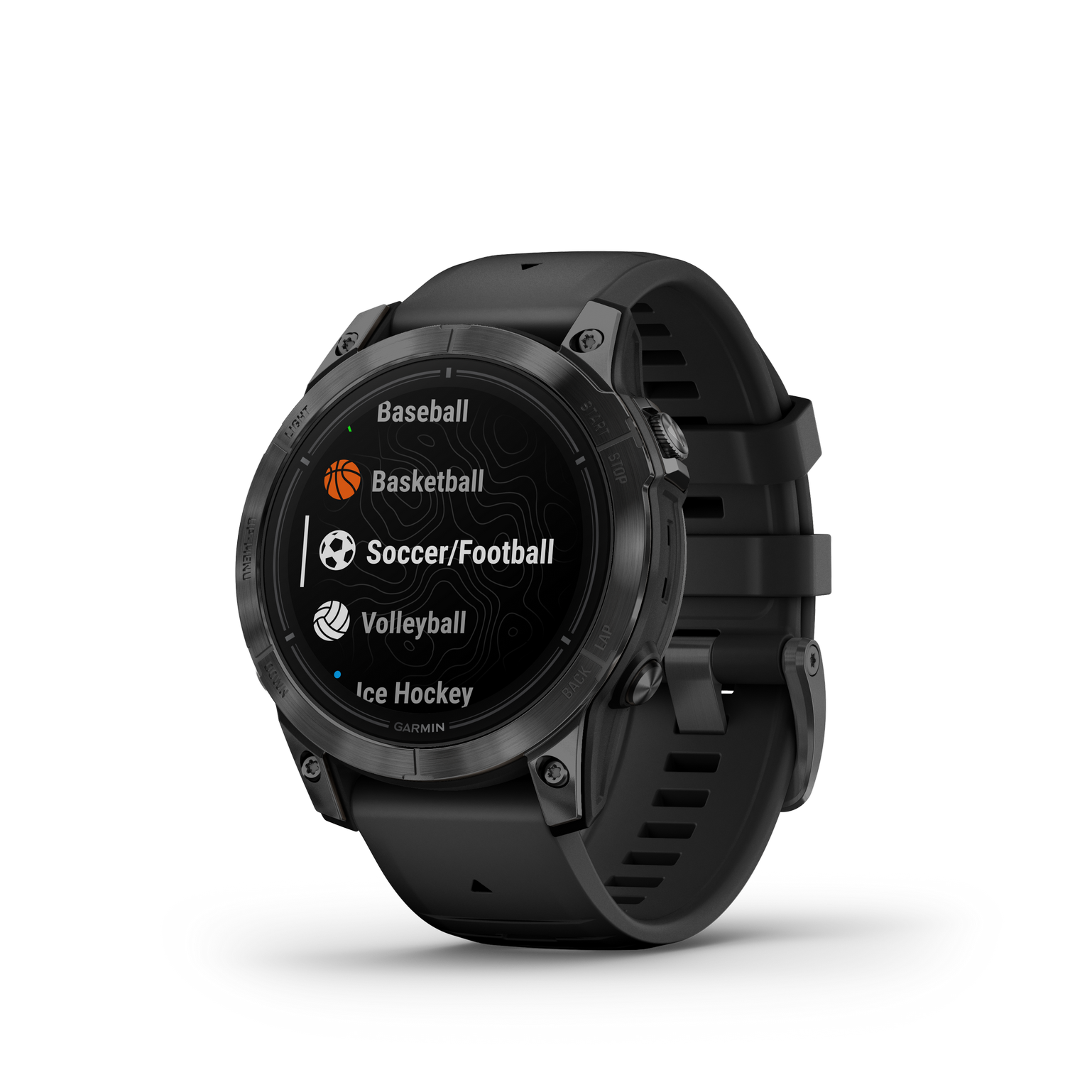 Smartwatch Garmin negra que muestra opciones deportivas: Béisbol, Baloncesto, Fútbol, Voleibol.