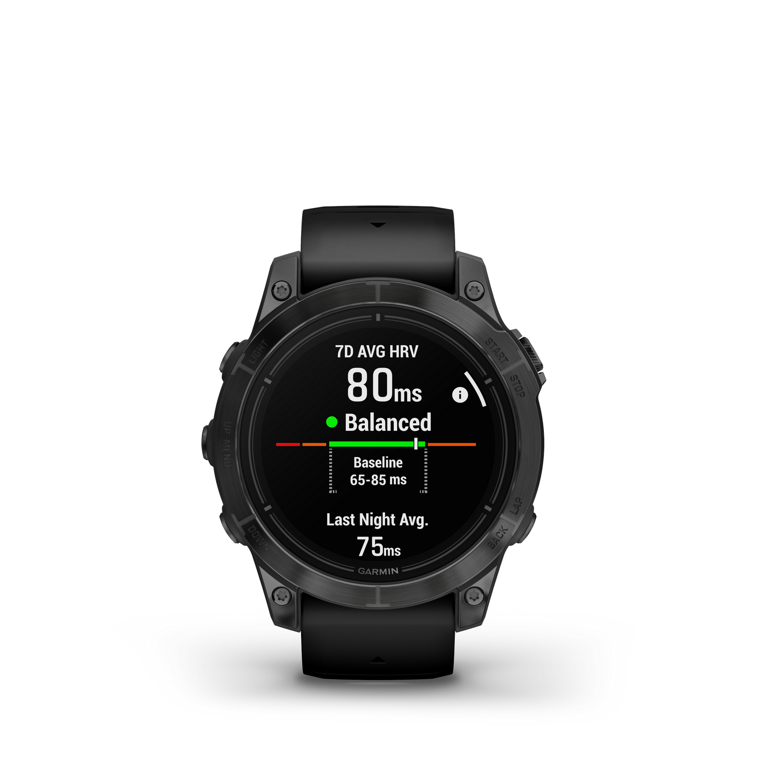 Smartwatch Garmin negra muestra 7D AVG HRV, 80ms está equilibrado y Last Night Avg. es 75ms.