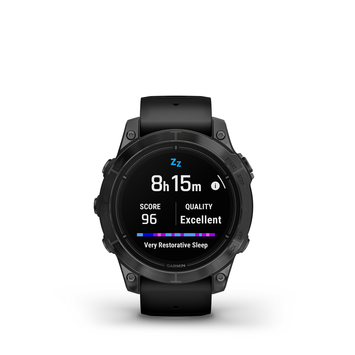 Un reloj Garmin negro muestra datos de sueño, mostrando tiempo de sueño, puntuación y calidad.