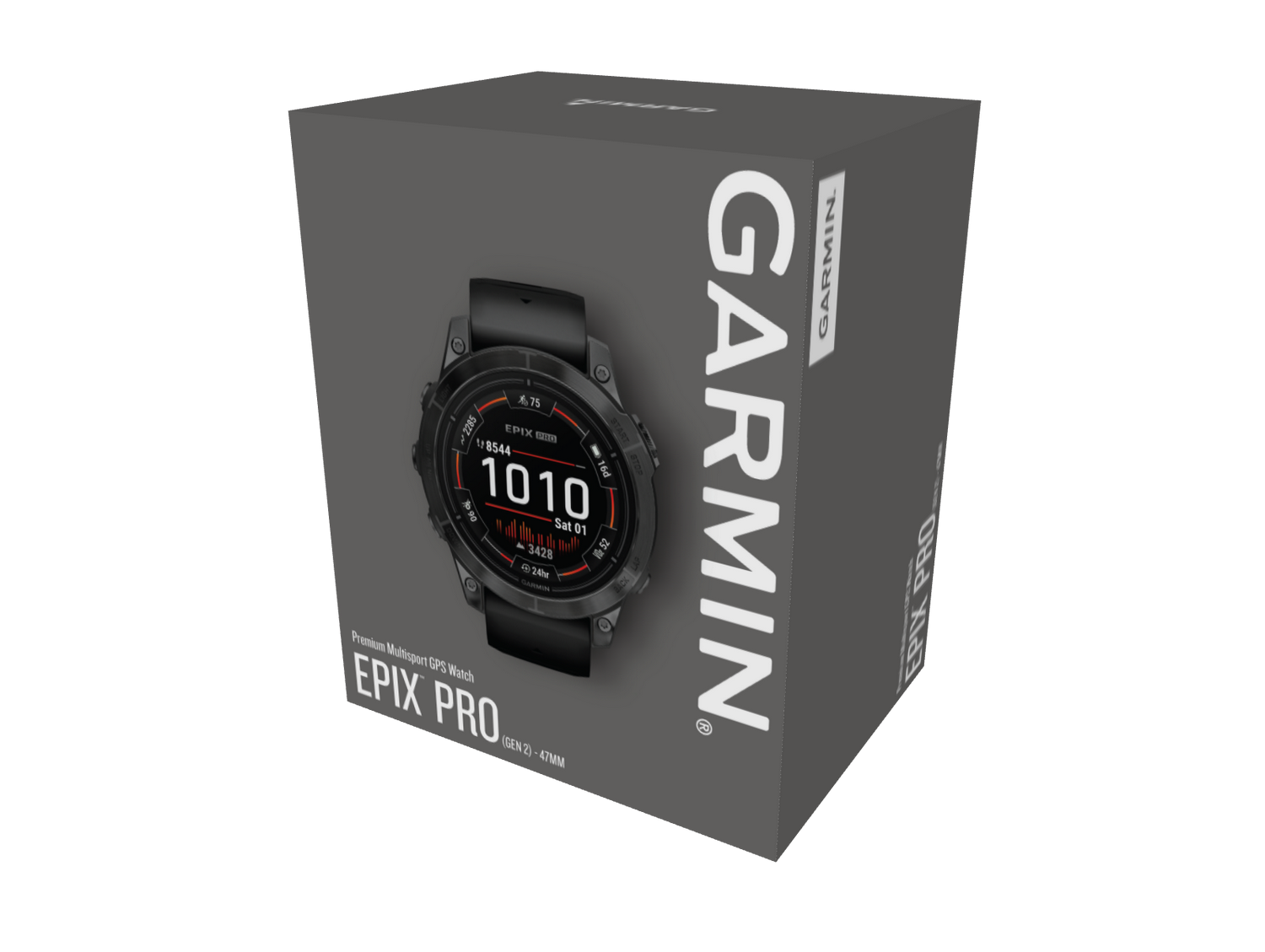 Una caja gris con el reloj Garmin Epix Pro. El reloj muestra la hora y estadísticas. La caja tiene el logo de Garmin.