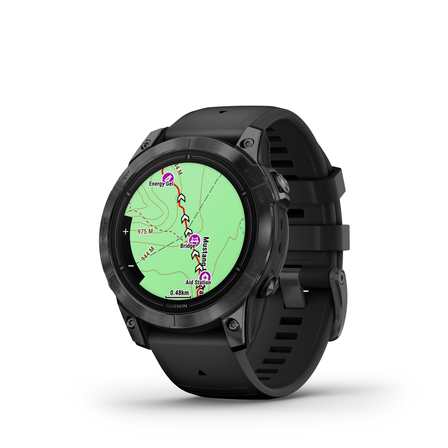 Un reloj Garmin negro con pantalla de mapa. El reloj tiene una correa negra y un bisel negro.