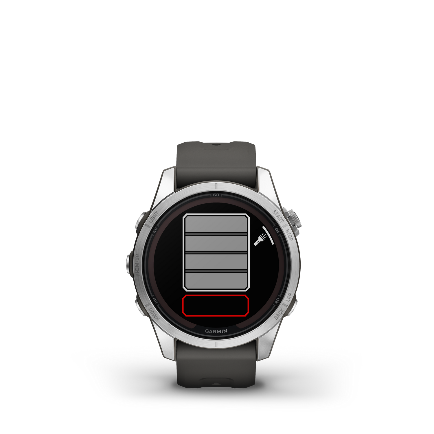 Reloj inteligente con indicador de batería baja. Correa gris oscuro, cuerpo plateado, fondo negro.