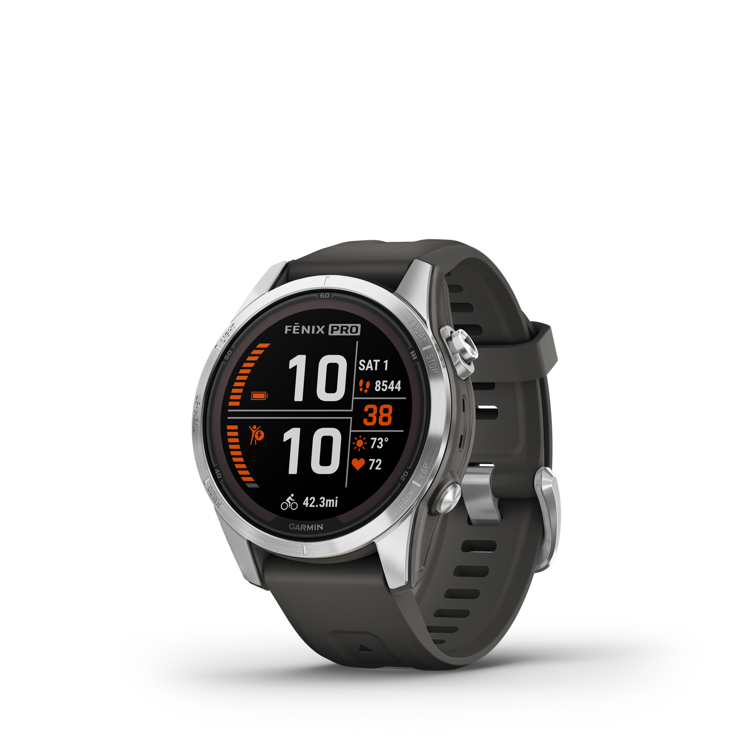 Smartwatch Garmin Fenix Pro que muestra la hora, los pasos, las calorías y la frecuencia cardíaca sobre un fondo negro.