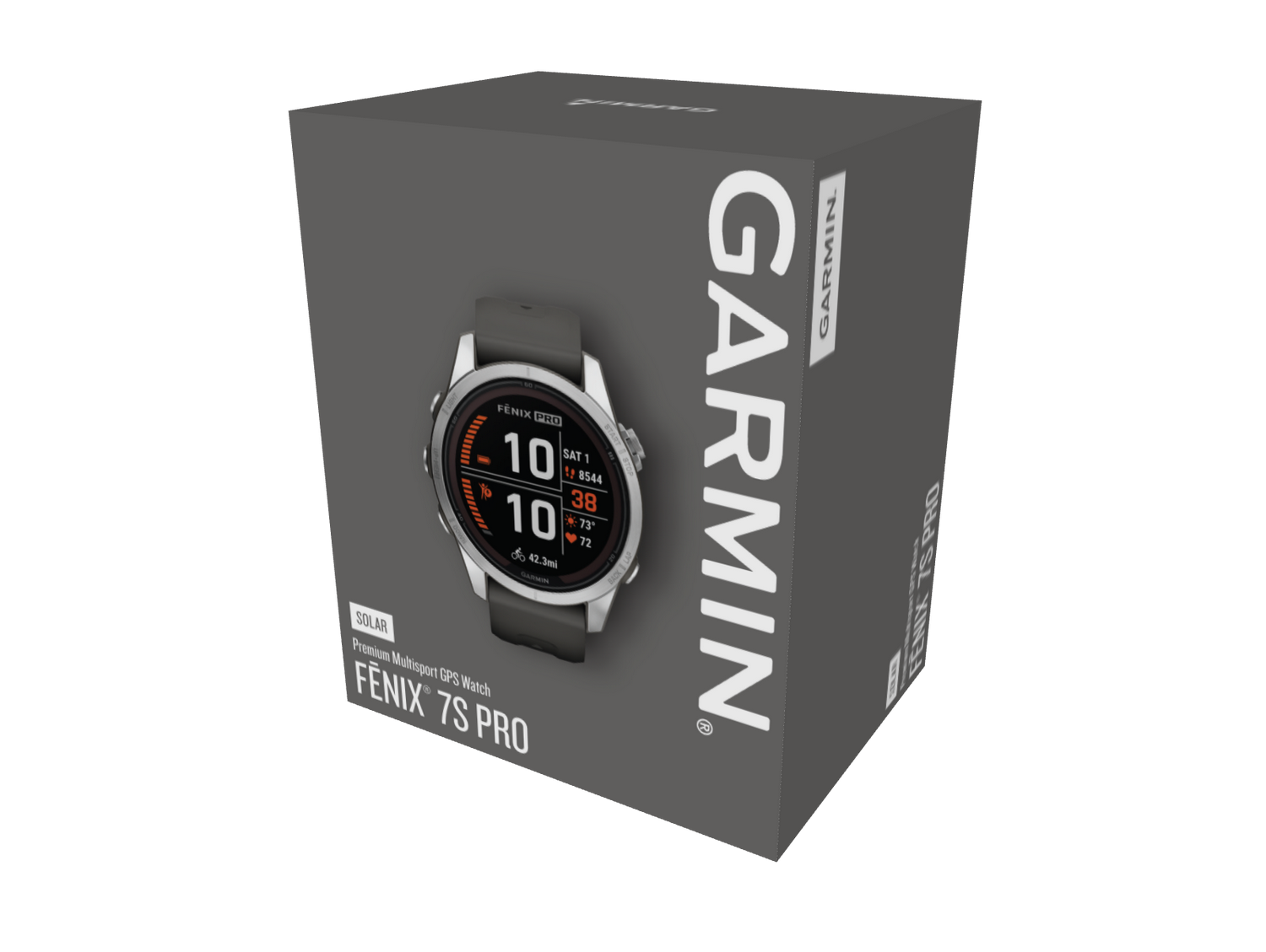 Caja de reloj Garmin, negro y gris, con pantalla de reloj y logotipo de Garmin.