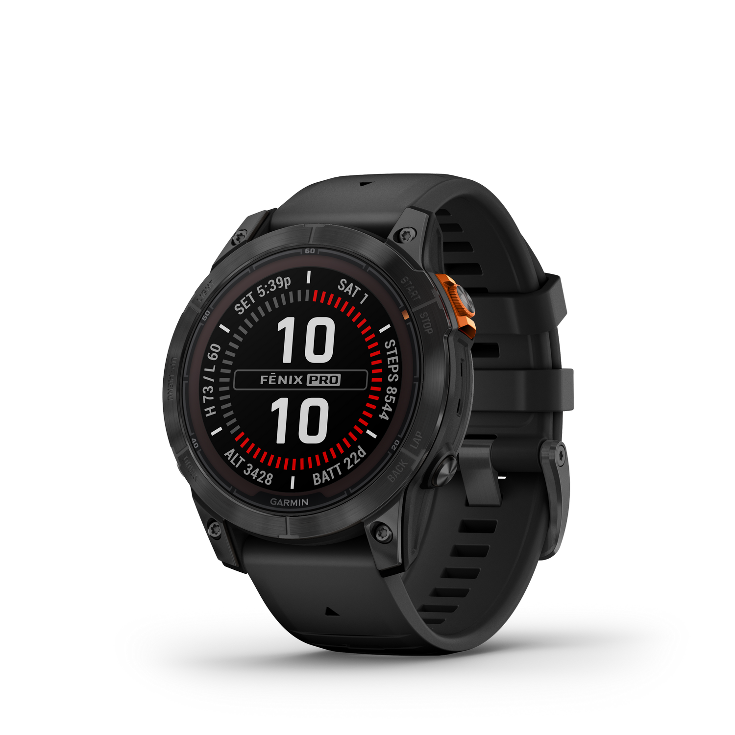Reloj Garmin Fenix Pro negro con pantalla. Fondo negro.