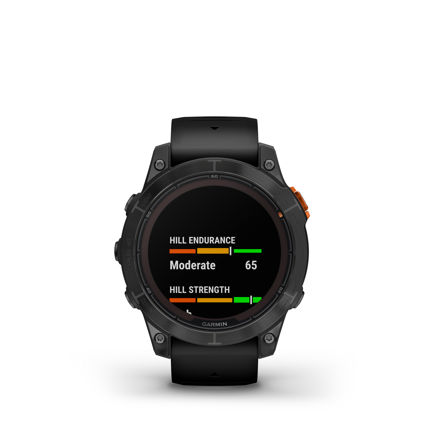 Reloj inteligente Garmin negro mostrando métricas de resistencia y fuerza en cuestas.