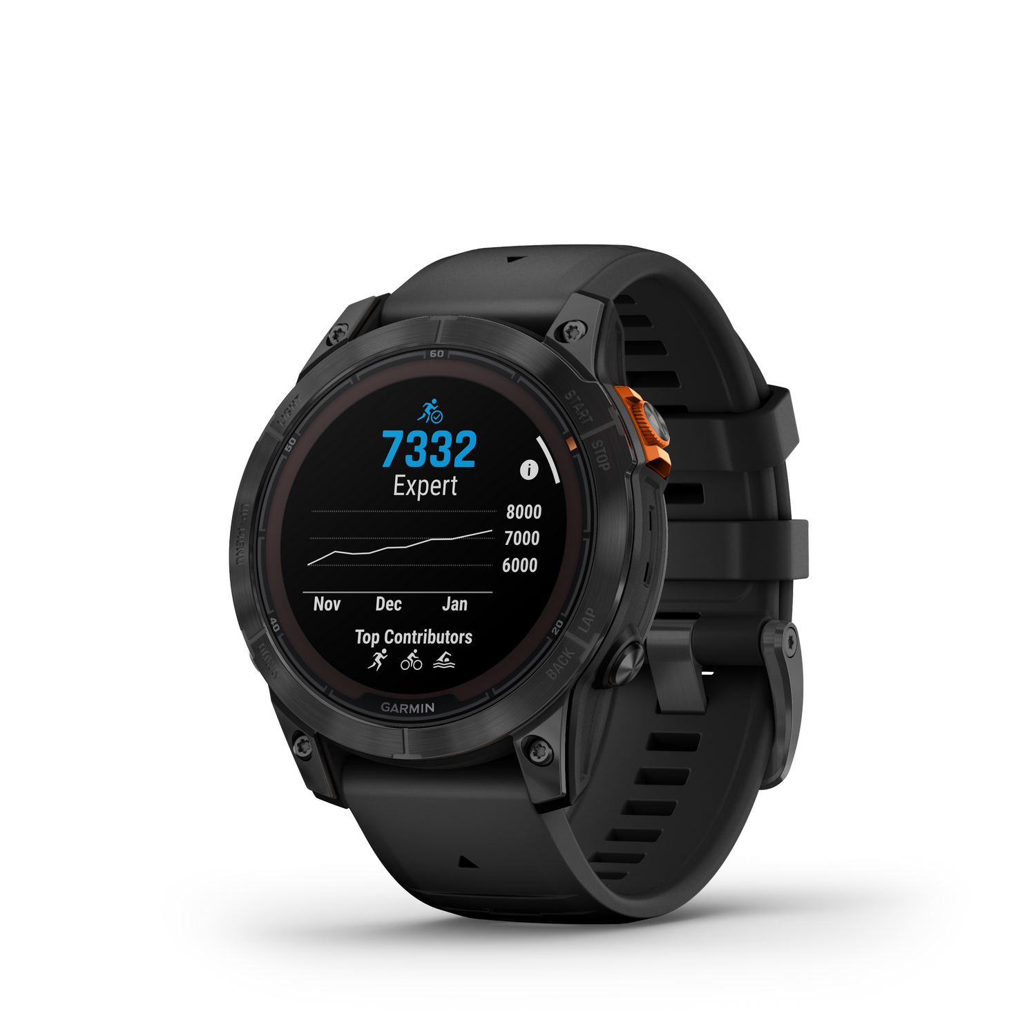 Un reloj inteligente Garmin negro muestra la hora, la condición física y los datos del usuario sobre un fondo negro.