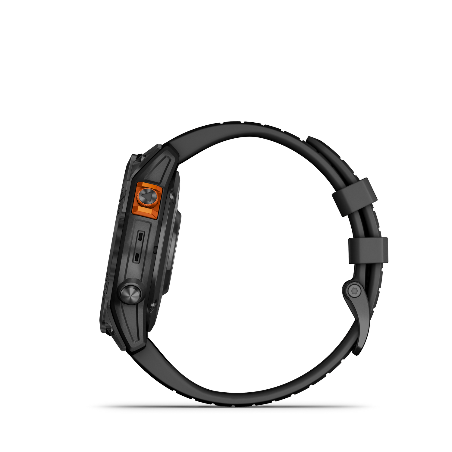 Vista lateral de un smartwatch Garmin negro y naranja sobre fondo negro.